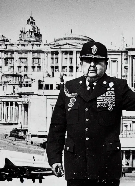 Prompt: pinochet as a cyborg wearing military clothes with la moneda palace in the background and planes furrowing