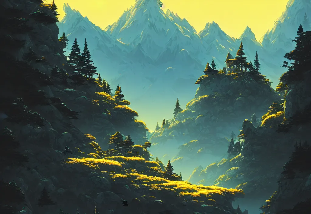 Image similar to mountains background with pines at night, rocks, trees, castle, night sky, intricate oil painting, high detail illustration, sharp high detail, manga and anime 1 9 9 9, official fanart behance hd artstation by jesper ejsing and makoto shinkai, 4 k,