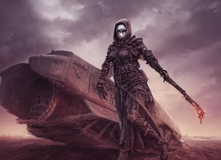 Image similar to beautiful apocalyptic woman in hooded cloak, standing on mad max panzer tank, hyper-detailed, smooth, sharp focus, 4k ultra hd, fantasy dark art, tank girl, artgerm, artstation, octane render, elegant, detailed digital painting, apocalyptic art, Francis bacon, unreal engine