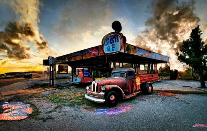 Prompt: A sunset light landscape with historical route66 made by Jheronimus Bosch, jugendstil, gustav klimt, lots of sparkling details and sun ray’s, blinding backlight, smoke, volumetric lighting, colorful, octane, 35 mm, abandoned gas station, old rusty pickup-truck, beautiful epic colored reflections, very colorful heavenly, light colors