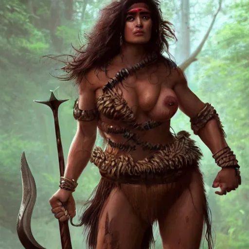 Image similar to salma hayek as barbarian warrior in jungle, au naturel, hyper detailed, digital art, trending in artstation, cinematic lighting, studio quality, smooth render, unreal engine 5 rendered, octane rendered, art style by klimt and nixeu and ian sprigger and wlop and krenz cushart.