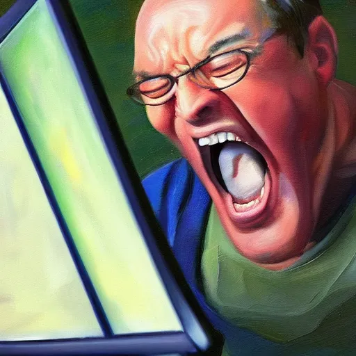 Image similar to an angry man yells at his computer monitor, oil on canvas, highly detailed, high resolution