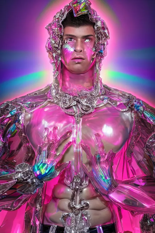 Image similar to hyper detailed ultra sharp fullbody photo of baroque and cyberpunk transparent pink gem sculpture of a muscular seductive young latino feeling muy cachondo, muy dotado, iridescent humanoid deity wearing pink plastic seethrough cloak, holding a rainbow tiger gem, blue diamond, glowing pink face, crown of white diamonds, cinematic lighting, photorealistic, octane render 8 k