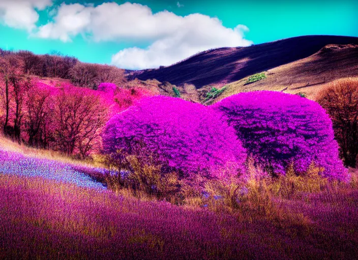 Image similar to fields full of flowers, pink and purple trees and blue sky with hills in the background. Intricate. Very detailed 8k. Fantasy. Sharp. Cinematic post-processing.