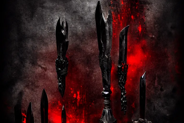 Image similar to daggers of the lord of the underworld, black iron covered with blood, dirty dark environment, warrior\'s daggers, intricate, cinematic lighting, highly detailed, digital painting, artstation, evil dark environment, underworld, skulls, blood, shadows, bokeh