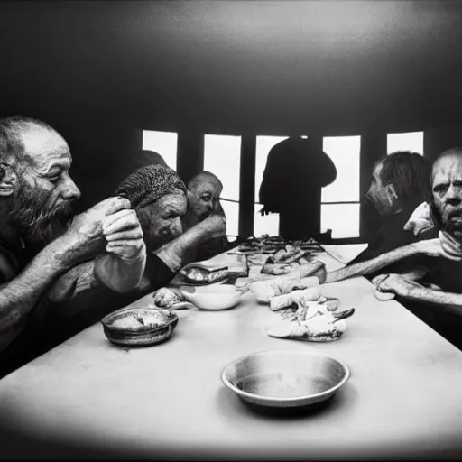 Image similar to Award Winning Editorial wide-angle picture of a Tramps in a new York Soup Kitchen by David Bailey and Lee Jeffries, The Last Supper