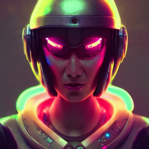 Image similar to cyberpunk concept cool warrior girl bot, cinema 4 d, galaxy, ufo, space sci - fi, wearing vr goggles, illustration, portrait, pastel neon textured background night, trending on artstation, greg rutkowski, octane rendered, 1 2 k, detailed,