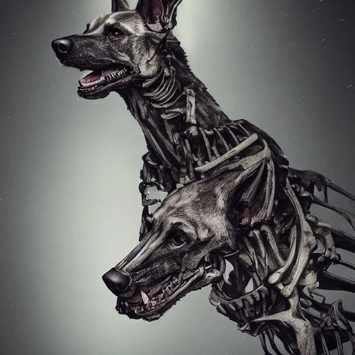 Image similar to belgian malinois, skeleton. intricate artwork. by Tooth Wu, wlop, beeple, dan mumford. octane render, trending on artstation, greg rutkowski, very coherent symmetrical artwork. cinematic, hyper realism, high detail, octane render, 8k, iridescent accents, deep blacks