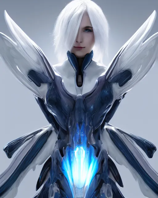 Prompt: perfect white haired attractive alien being with huge white dove wings, warframe armor, beautiful, symmetric, dreamy, half asian, pretty face, blue eyes, detailed, scifi platform, laboratory, experiment, 4 k, ultra realistic, epic lighting, android body, illuminated, cinematic, masterpiece, art by akihito tsukushi, voidstar