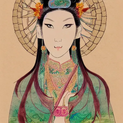 Image similar to Elven goddess in the style of Chinese watercolor,