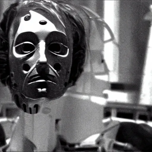 Image similar to a man and a robot in a moment of jealousy, movie still, Movie by Andrzej Zulawski and David Lynch