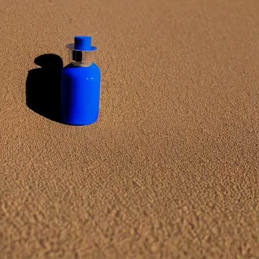 Prompt: perfume bottle sitting on a mound of golden desert sand, close up shot, upfront, with blue sky and clouds in the background, softly - lit, soft - warm, zen, light, modern minimalist f 2 0 clean, egyptian