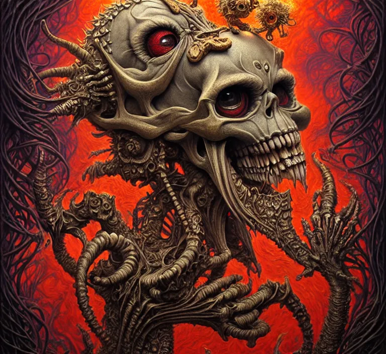 Image similar to A beautiful detailed grotesque monster super cute tarot card, by tomasz alen kopera and Justin Gerard, symmetrical features, ominous, magical realism, texture, intricate, ornate, royally decorated, skull, skeleton, whirling smoke, embers, red adornements, red torn fabric, radiant colors, fantasy, trending on artstation, volumetric lighting, micro details, 3d sculpture, ray tracing, 8k, anaglyph effect, digital art