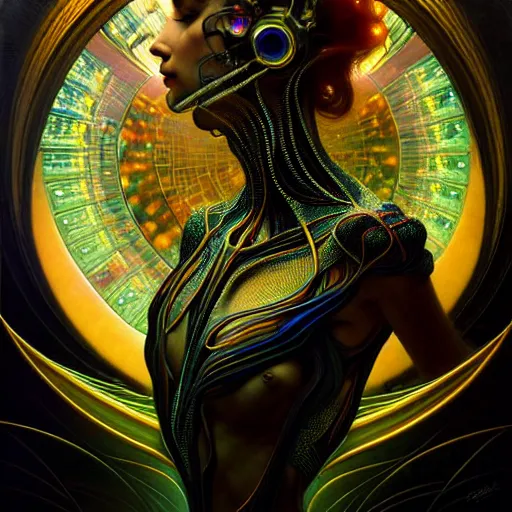 Prompt: extremely psychedelic beautiful cyborg virus infected by night. intricate, elegant, highly detailed, extremely lifelike photorealistic digital painting, artstation. steichen, gaston bussiere, tom bagshaw, cyberpunk alphonse mucha. totally elegant. anatomically correct. sharp focus. black and gold. surreal lush cosmic hallucination