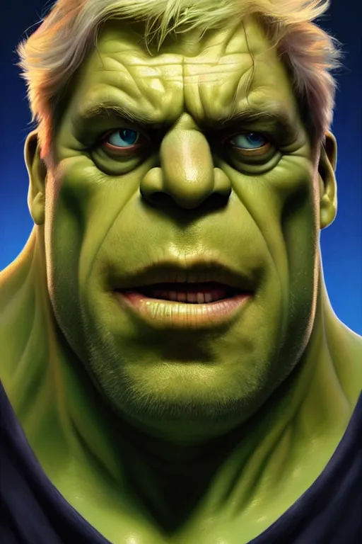 Prompt: Boris Johnson as Hulk, visible face, realistic portrait, gold and blue, highly detailed, digital painting, artstation, concept art, smooth, sharp focus, illustration, cinematic lighting, art by artgerm and greg rutkowski and alphonse mucha