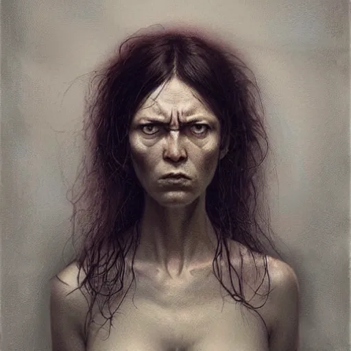 Image similar to A portrait of a woman, angry face, art by Greg Rutkowski and Zdzisław Beksiński