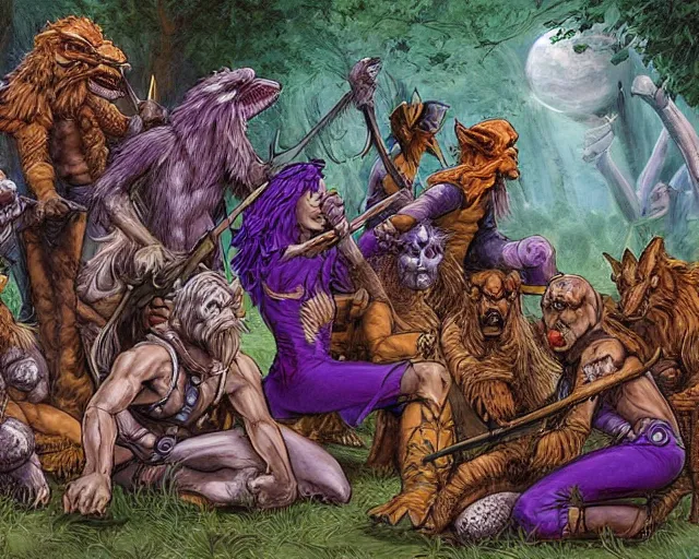 Image similar to Fantasy illustration by Larry Elmore - The pack of kobolds is crouched in a circle. They are snivelling canid humanoids, with scales of rust, and they carry spears. Their leader, a matronly female with numerous tattoos, kneels in the center of the circle and gathers the pulsing purple moss. She has a spear, but it lies across her lap.