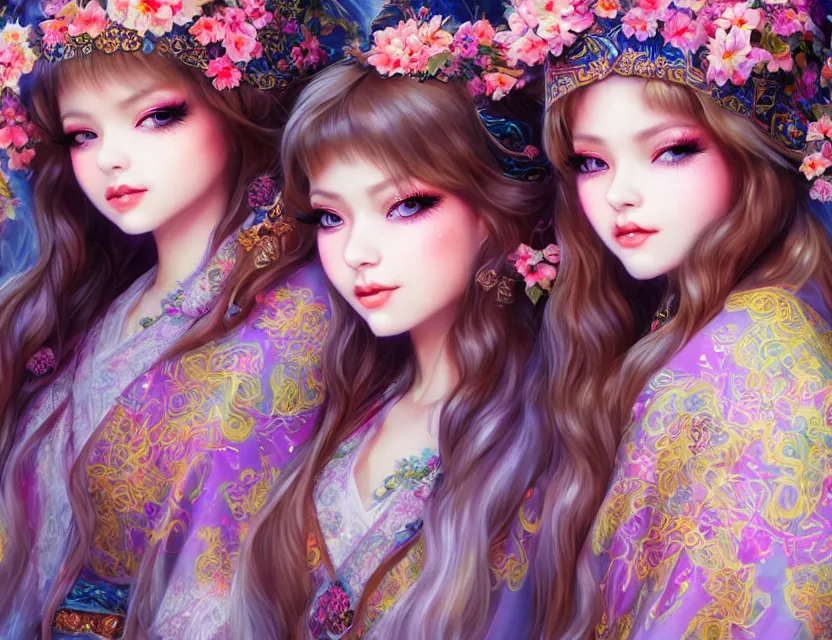 Image similar to two beautiful fashion siberian girls wear fantasy kimono in festival | | big eyes, sunny, dreamlike art, realistic shaded, smile, good looking, hyper details, 4 k realistic, cryengine, realistic shaded lighting poster by artgerm, ross tran, fuji choko, loish, 8 k resolution, trending on artstation, luxury