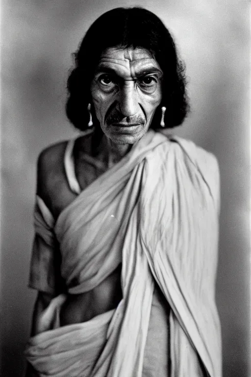 Prompt: 5 mm f 8 full body portrait photography of a person that looks like a mix of claudia black + mahatma gandhi, future apocalypse setting, by yousuf karsh