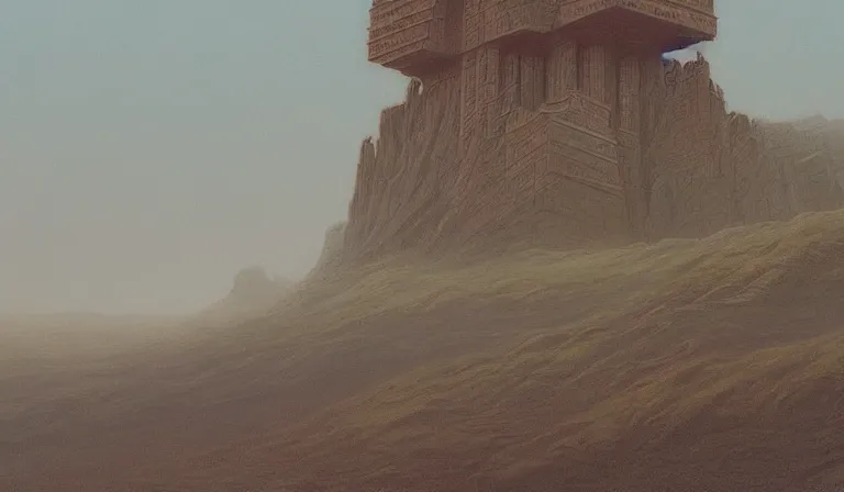 Prompt: A serene landscape with a singular building in the style of Wayne Barlowe.