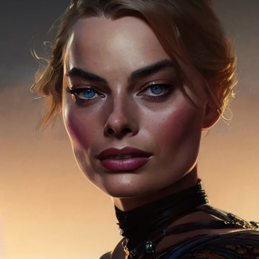 Image similar to Margot Robbie, western, closeup, D&D, fantasy, intricate, elegant, highly detailed, digital painting, artstation, concept art, matte, sharp focus, illustration, art by Artgerm and Greg Rutkowski and Alphonse Mucha