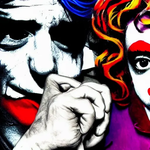 Prompt: mimmo rottela and banksy as joaquin phoenix skinny joker holding hand lady gaga harley queen, ultra photorealistic, intricate details, pop art style, concept art, random object movement, 3 colors, 4 k, smooth, sharp focus