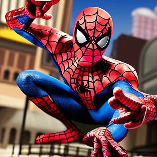 Image similar to spiderman eating greasy food from arby's restaurant, photorealistic, highly detailed,