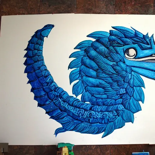 Image similar to giant blue quetzalcoatl melting up into the sky to form blue clouds