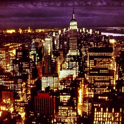 Image similar to Skyline of New York City during the 1980s, cinematic, night, vast, photorealistic, beautiful,