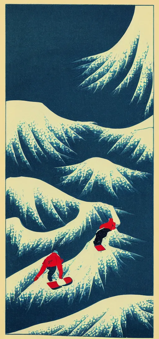 Prompt: man snowboarding leaving tracks woodblock print, style of hokusai, fine art, style of kanagawa, winter painting