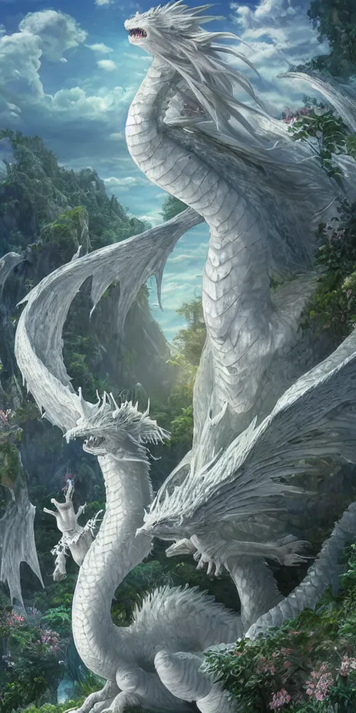 Image similar to the beautiful hyper detailed scene render that a lonely beautiful girl lies in the arms of a huge silver white dragon alone in fairyland surrounded by white clouds, finely detailed angelic face delicate features, style of studio ghibli, makoto shinkai, raphael lacoste, louis comfort tiffany, artgerm, james jean, ross tran, animation style, hd, ultra wide angle