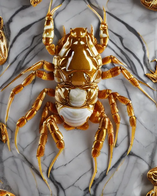 Image similar to white calacatta gold marble, white and gold kintsugi, ehite marvle bas relief carving, feminine, crabs, spiders, scorpions, tarantulas, carving by hr geiger, stunning, highly detailed, intricately detailed, octane, 8 k, trending on artstation