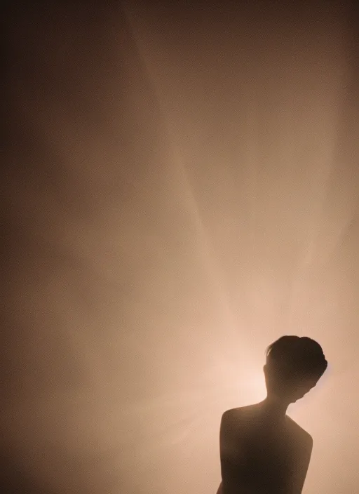 Image similar to a female silhouette, white glowing aura, faint orbs, fog, film grain, cinematic lighting