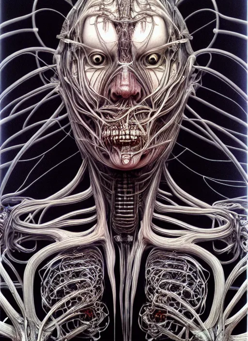 Prompt: portrait of neural nightmares by yoshitaka amano and HR Giger, detailed face face face face, facial structure, hd, 8k, very very very very electronic, biomechanical, biology, bio, neural machine, single subject