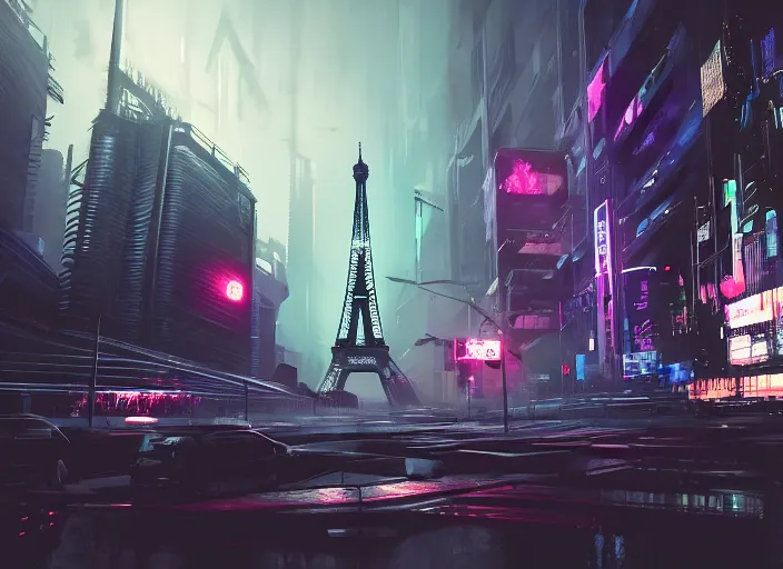 Prompt: cyberpunk scifi scene of paris at night, scifi drones in the sky, artstation, matt painting, very detailed, maximalism, ambient occlusion, volumetric light, atmospheric haze, unreal engine, hyper realism, realistic shading, cinematic composition, realistic render, octane render, detailed textures, photorealistic, wide shot