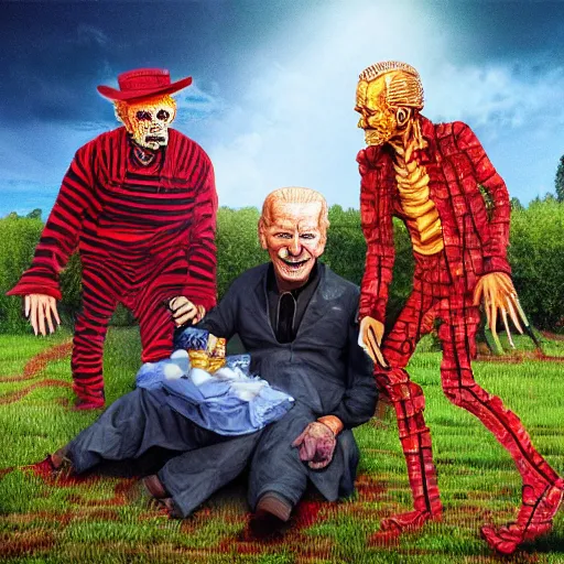 Prompt: freddy krueger, lich lenin and joe biden on a picnic, photo portrait, hyper realism, creepy, symmetry, awesome exposition, very detailed, highly accurate, professional lighting diffracted lightrays, 8 k, sense of awe