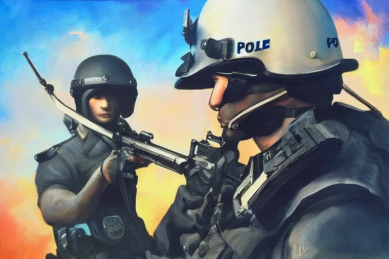 Image similar to police, fantasy, painting, ultra realistic!!!, clear weather, golden hour, sharp focus