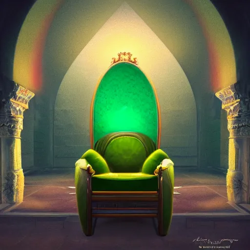 Image similar to a green avocado armchair in the center of golden ancient temple, illuminated by narrow light beam , fantasy illustration, trending on artstation, deviantart, very realistic, 4k