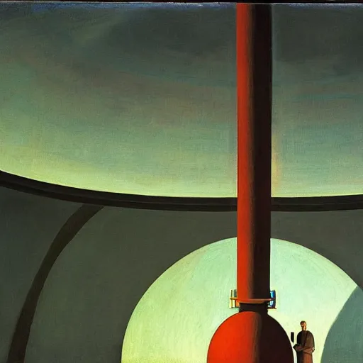 Prompt: giant mechanical eye being lowered through the roof of a dome - shaped control center, grant wood, pj crook, edward hopper, oil on canvas