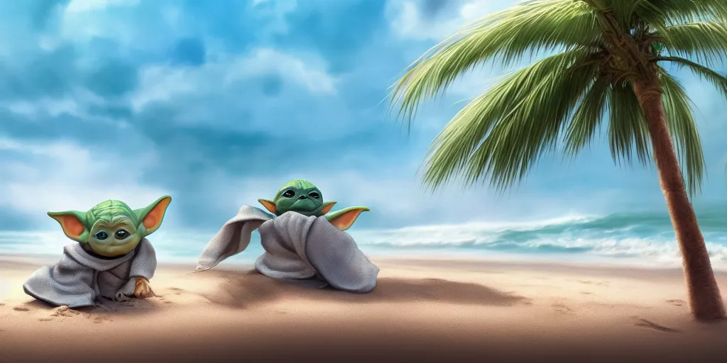 Image similar to Baby Yoda chillin on a beach, waves coming up onto the shore, palm trees swaying in the wind, hyperdetailed, artstation, cgsociety, 8k