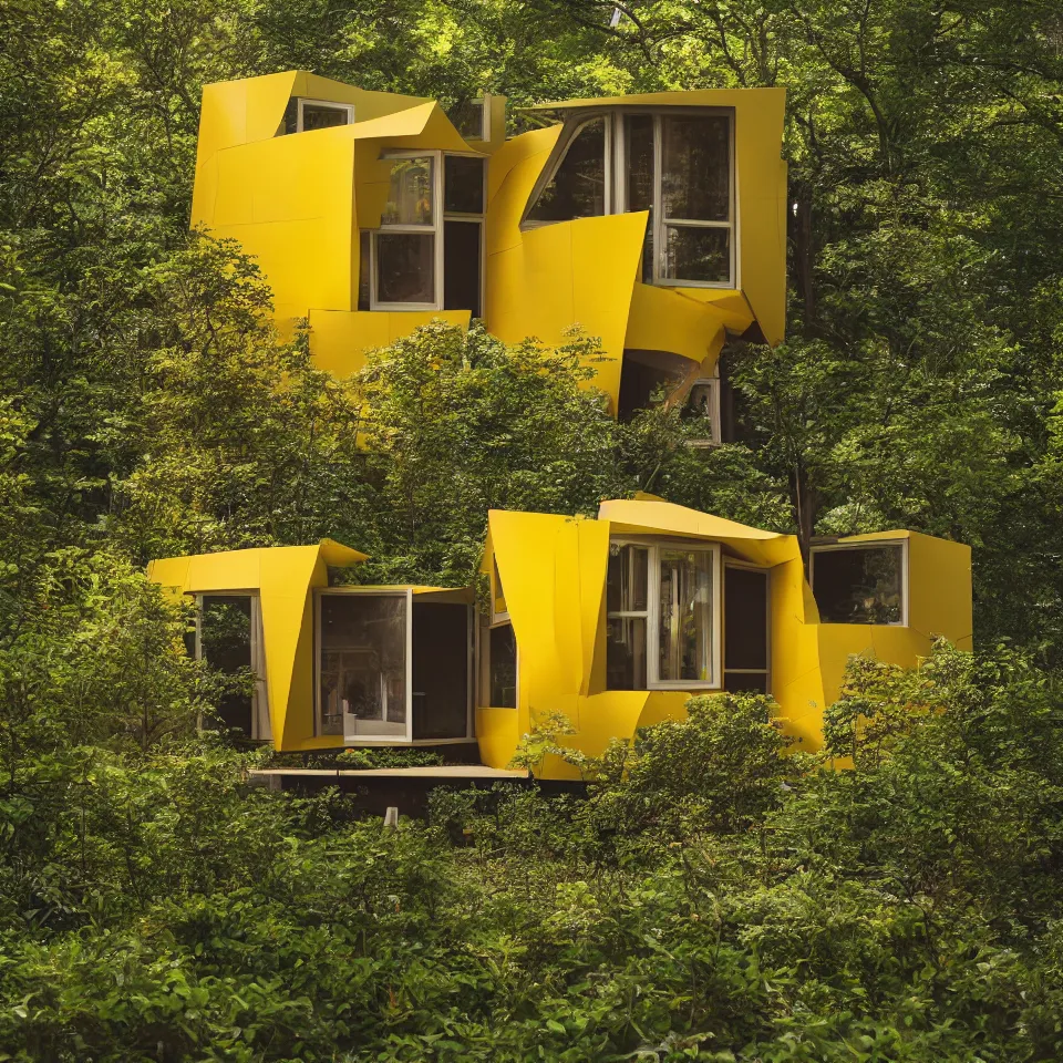 Image similar to a tiny tiny house in clearing, designed by Frank Gehry. Tiles. Film grain, cinematic, yellow hue