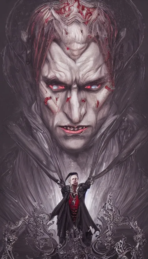 Image similar to Vampire Vladmir Putin over a Medieval Gothic Castle, by Ayami Kojima, studio ghibli, cinematic lighting, intricate, highly detailed, digital painting, trending on artstation, Illustration, epic scale