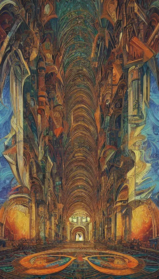 Prompt: The cathedral of ancient prophecies and wisdom, italian futurism, Dan Mumford, da vinci