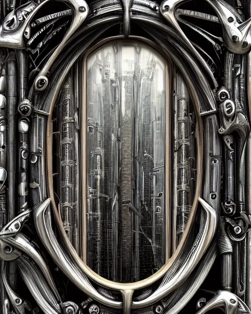 Image similar to frame mirror design by hr giger, biomechanical, 4 k, hyper detailed