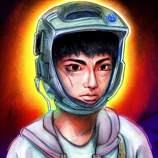 Prompt: in the style of ghostshrimp and bubbltek a highly detailed character concept illustration of a young mixed race male explorer wearing a cyberpunk headpiece