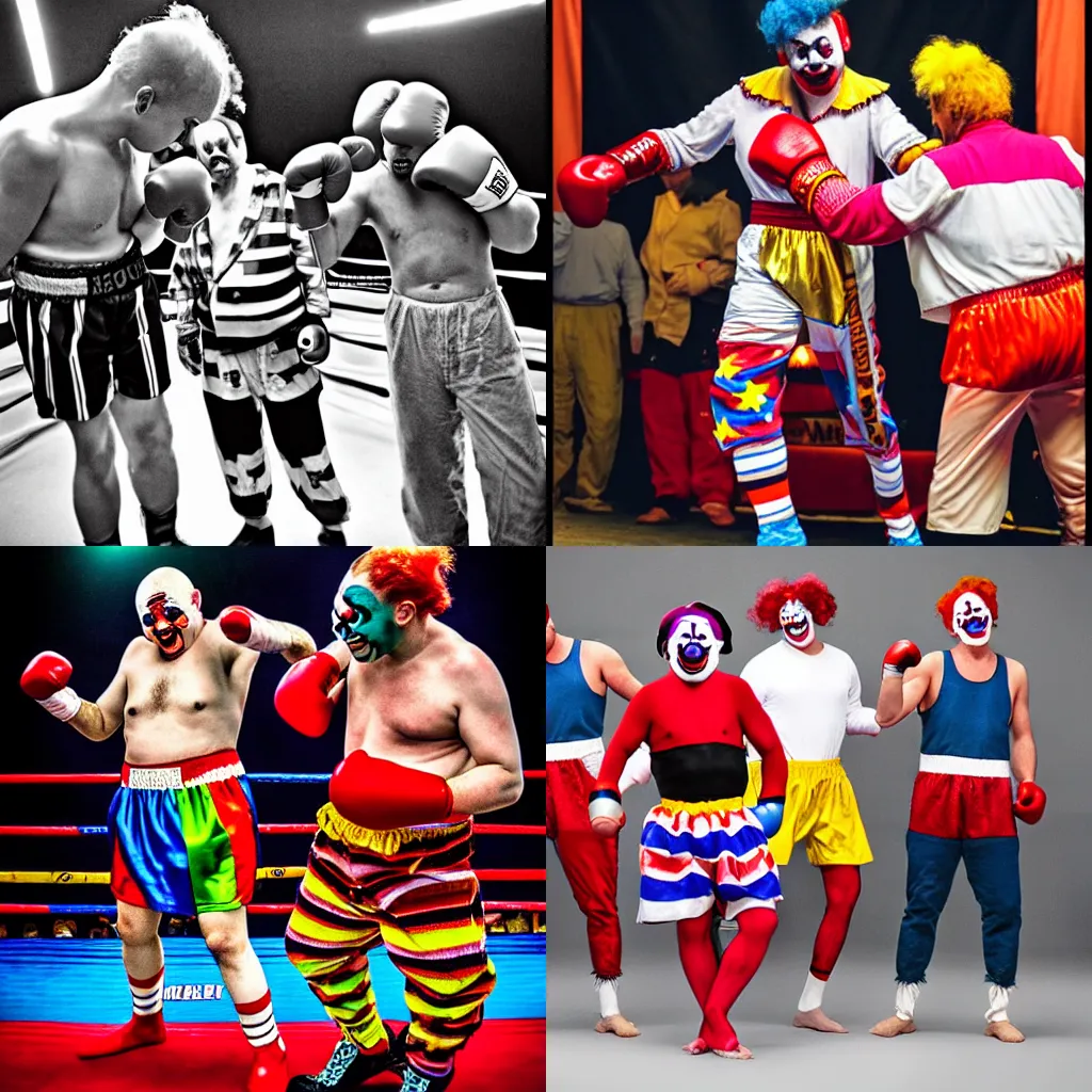 Prompt: clowns boxing, clown, circus