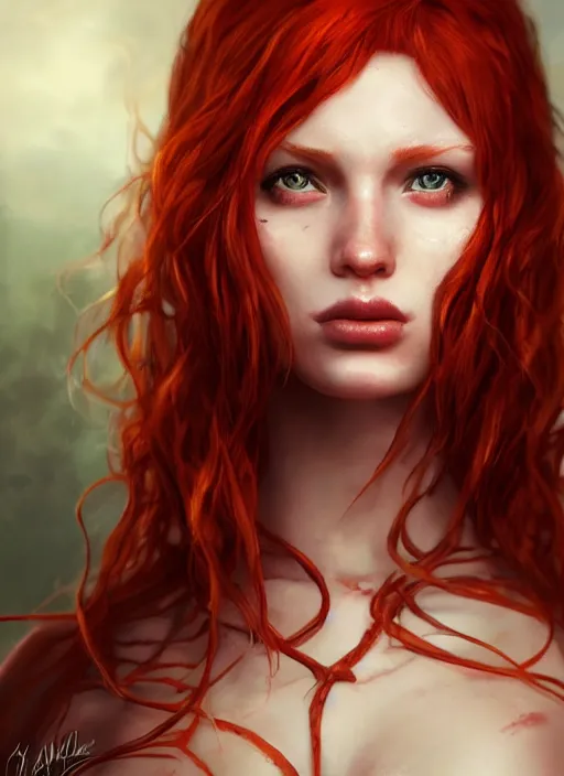 Image similar to Beautiful redhead girl which chest wrapped in bandages, portrait, fantasy, medieval, vivid colors, fantasy, elegant, concept art, sharp focus, beautiful face, digital art, Hyper-realistic, 4K, Unreal Engine, Highly Detailed, HD, Dramatic Lighting by Brom, trending on Artstation