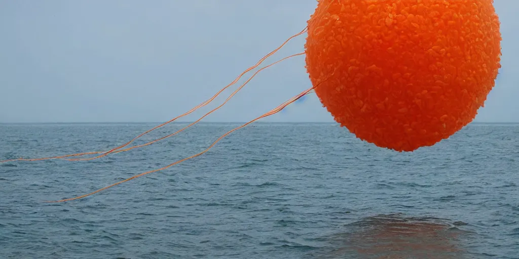 Image similar to huge transparent orange jell strange morph form like more fruits in the style by anish kapoor, in the parts by shih chieh huang, with wires in the open sea on the water