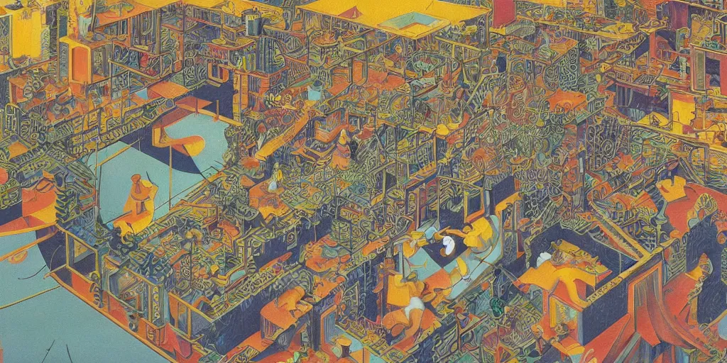 Prompt: early 9 0's liminal space in the style of mc escher and heironymus bosch, colorful intricate masterpiece, very hyper detailed