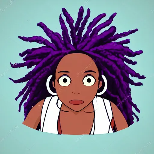 Image similar to black woman with purple dreads with a microphone in space in the style of ghibli